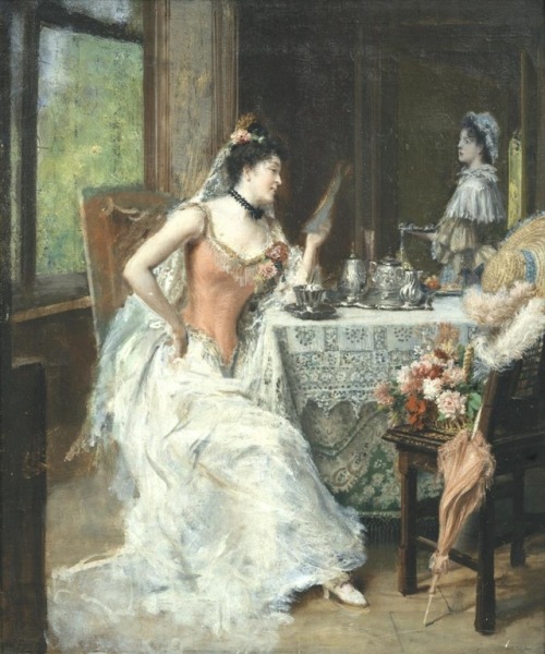 Elegante Dame beim Lesen der Zeitung. Giuseppe Castiglione (Italian, 1829-1908). Oil on canvas.