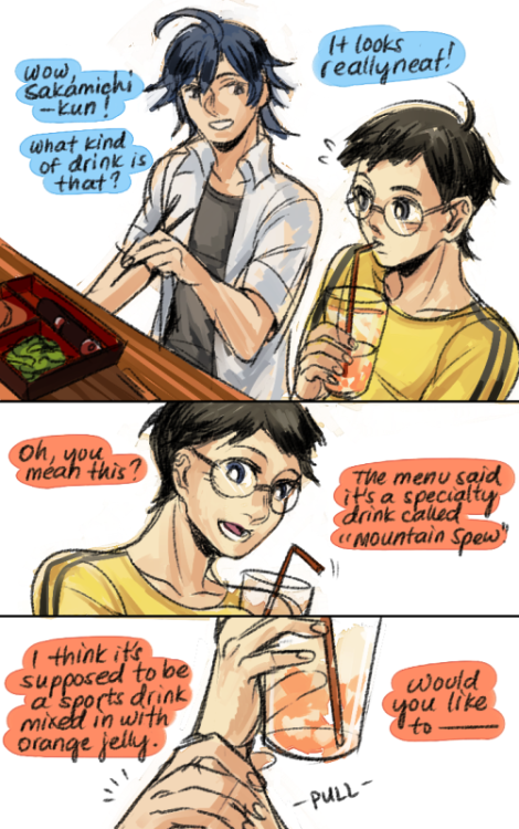 anhedoniia:  yowaped art trade with Ena!! (check out her fantastic art blog yo!) prompt was onoda and manami sharing their animate cafe drink 8’^) mountain…spew… hahahaaaa… 