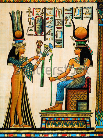 Illustration after an Ancient Egyptian papyrus showing 19th dynasty Queen Nefertari making an offeri