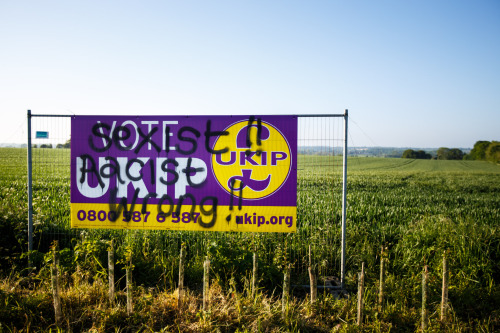 A graffitied UKIP poster for the upcoming European elections for MEP representatives in England. See