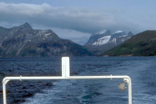 Ferry, enroute to Nordkapp, Norway to observe Midsummer Eve, 1972. Well north of the Arctic Circle, 