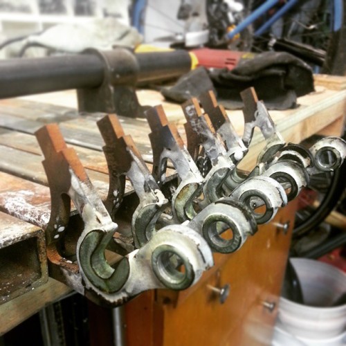 breadwinnercycles:Photo from yesterday’s shop time. Brazed up 6 sets of TITO dropouts.