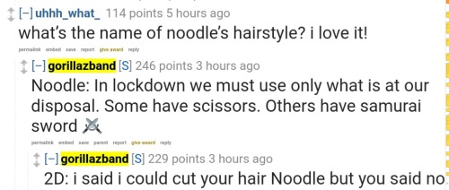 2D and Noodle interacting/mentioning each other in today’s Reddit AMA
