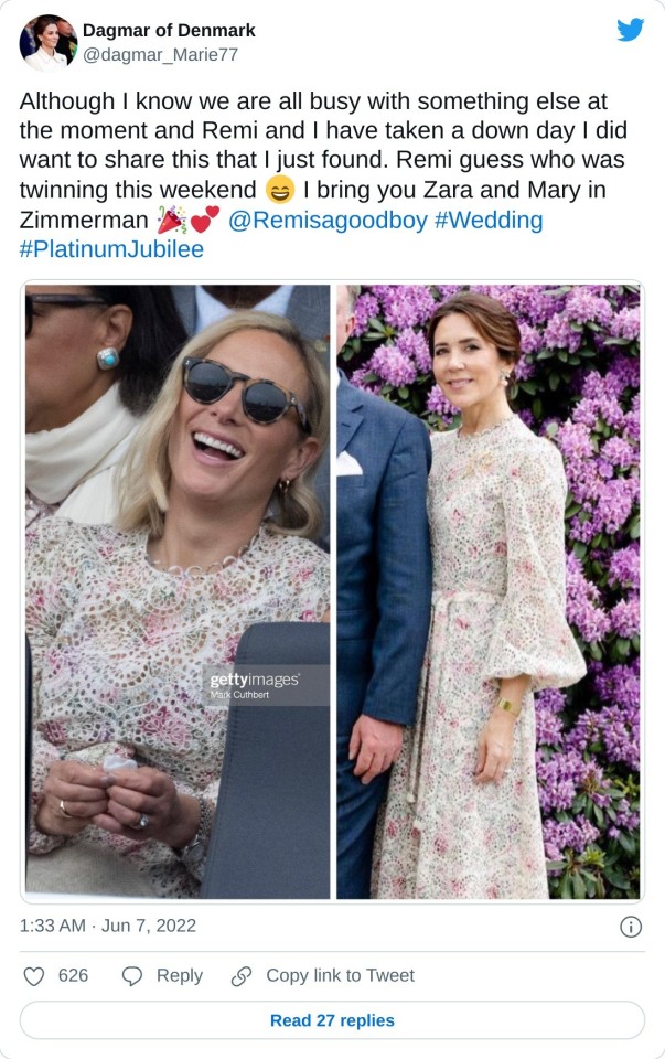 Although I know we are all busy with something else at the moment and Remi and I have taken a down day I did want to share this that I just found. Remi guess who was twinning this weekend I bring you Zara and Mary in Zimmerman @Remisagoodboy #Wedding #PlatinumJubilee pic.twitter.com/pT7Ga119Yp — Dagmar of Denmark (@dagmar_Marie77) June 7, 2022