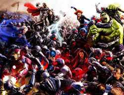thegameofnerds:  This week’s SuperHero Saturday is The Avengers.  If you put together all the Avengers: Age of Ultron concept art from Comic Con together, this is what you get! Looks like The Avengers are in some big trouble. We can’t wait for this