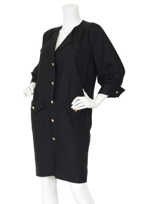 Mila Schon 1980′s Black Linen Gold Logo Button DressAvailable on Featherstone Vintage 