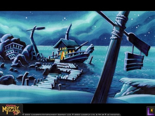 Concept art for the 1990 LucasArts game, The Secret of Monkey Island (and its 1991 sequel, LeChuck’s