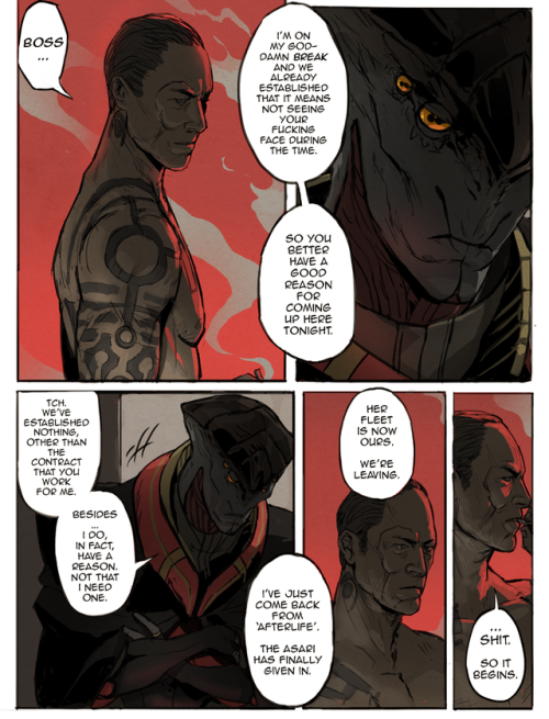 thirium-heart:  MASS EFFECT - Omega New blog art repost. Was working on a Javik/Zaeed comic a while back, revolving around a plot I had in mind of an alt-ME3 storyline where Shepard and most of their crew did not survive the Collector’s base, and Javik