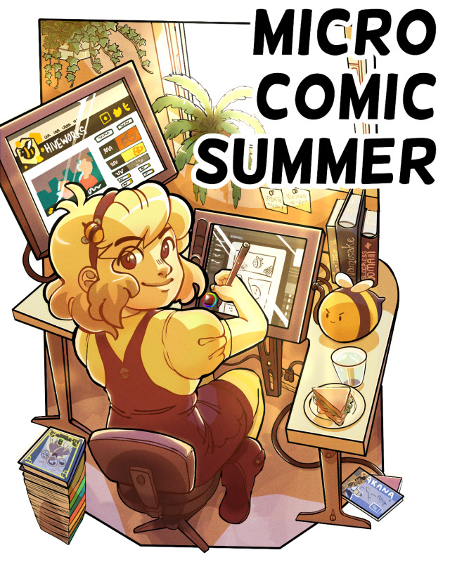 Hiveworks Bee Girl sitting at her desk drawing a comic on a tablet. Text reads: Micro Comic Summer