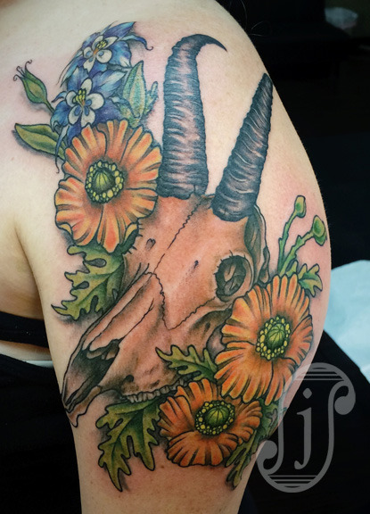  — Mountain goat skull with poppies and columbine...