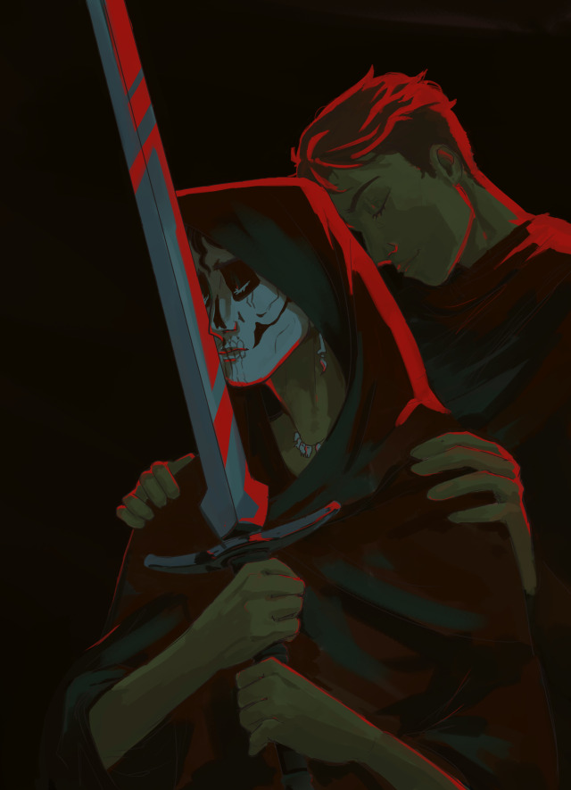 a digital drawing of Harrow and Gideon from the locked tomb trilogy. They're colors in green tones and have a intense red light coming from the right. Harrow is holding a Great sword with a suffering face and Gideon is behind Her softly touching Harrow's shoulders