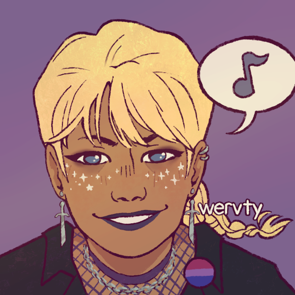 IMAGE ID: Klavier Gavin made with the Murmur Character Creator. He has long blond hair in a plait over his left shoulder, blue eyes, and light brown skin. He's wearing purple lipstick, has sparkly glitter over his face, and is smiling broadly. He's wearing a purple mesh shirt with an open-necked black shirt over it, a silver chain necklace, and earrings. He has a bi pride pin on his lapel.