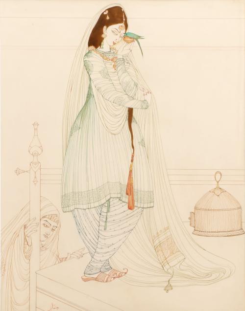 Maiden with a parakeet by Abdur Rahman Chughtai, c.1967