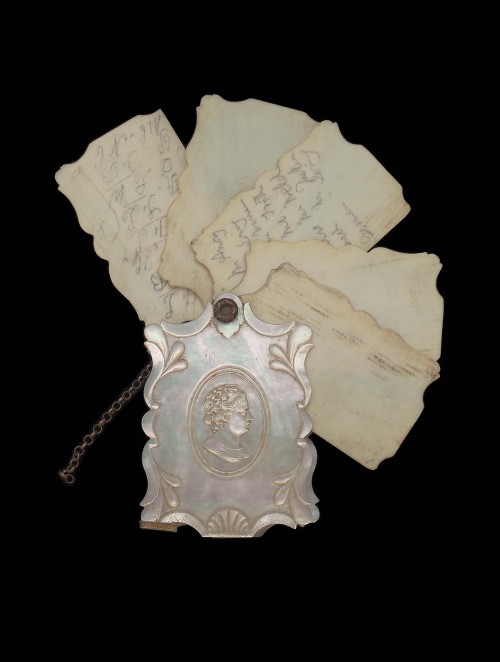 heaveninawildflower:Dance card (ivory, mother-of-pearl, and gilt metal) still bearing faint traces o