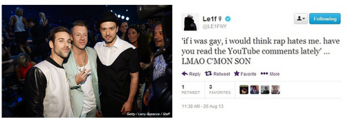 misandrist:buzzfeedmusic:Gay rapper Le1f wrote an angry Twitter tirade about Macklemore’s VMA win.st