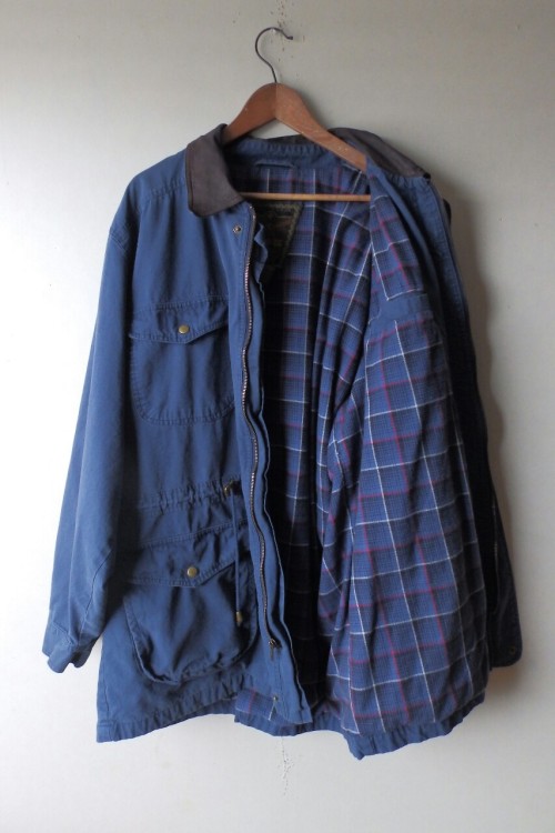 littlevisionsthrift: 90s blue cotton cinched waist utility coat w/leather trim and flannel lining. M