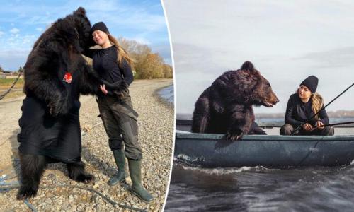 Russian woman befriends bear that she rescued from a safari park, now they go fishing together. They