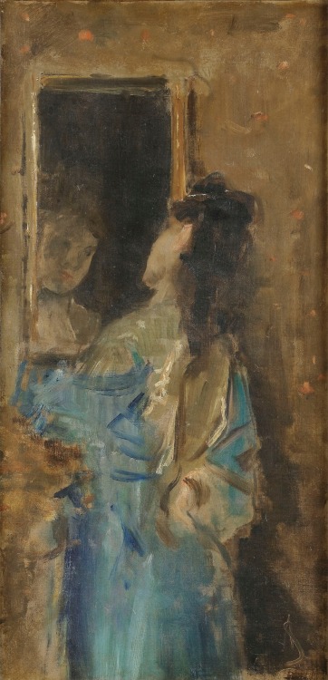 laclefdescoeurs:Femme en Bleu se Regardant dans un Miroir, Alfred Stevens