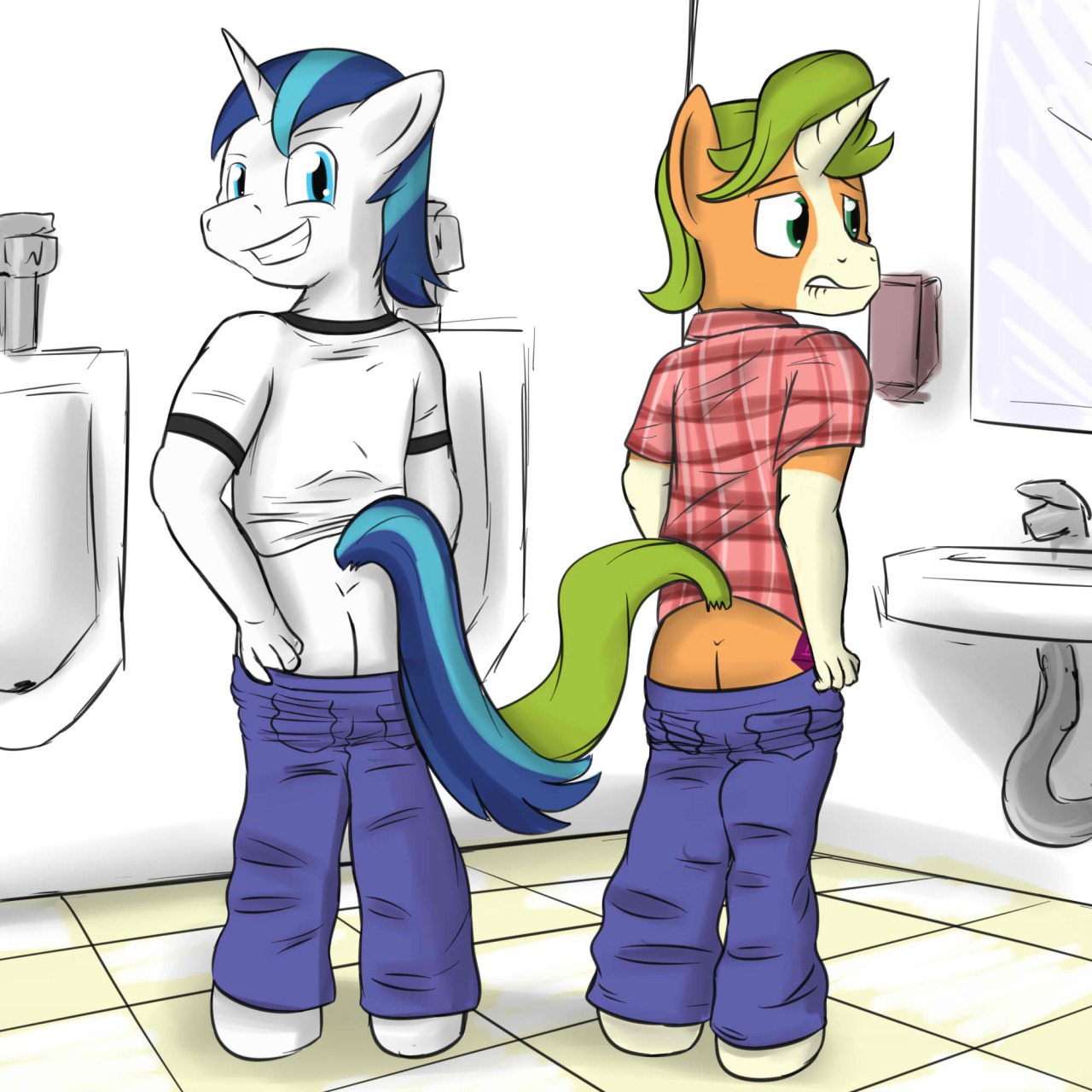 Shining Armor and Gaffer showing off their butts.  Why in the bathroom?  Who are