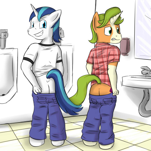 Shining Armor and Gaffer showing off their adult photos