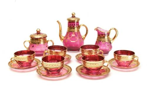 designobjectory:Bohemian Cranberry red and gilt glass tea service for 6, circa 1970. Gilt gadroon sw