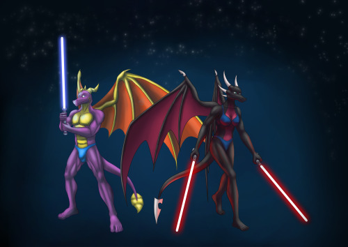 Commission for ErykLangstrum featuring Spyro and Cynder in the Star Wars Universe, armed with lightsabers. Hopefully you find their lack of clothes&hellip;enticing~Posted using PostyBirb