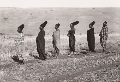 coyotenegro:Six wives of Mseuteu Zulu with blankets around their bodies looking left to the horizon