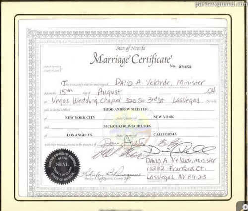 Nicky Hilton&rsquo;s marriage certificate to Todd Meister.