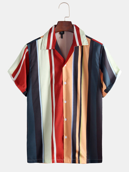 colorfultimetravelbeard: Cool Rainbow Striped Patch Pocket Casual Short Sleeve Shirts Check out HERE