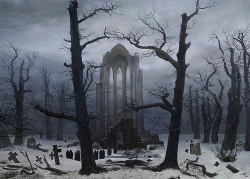 multipleinsertions: Monastery Cemetery in the Snow, Caspar David Friedrich, 1808