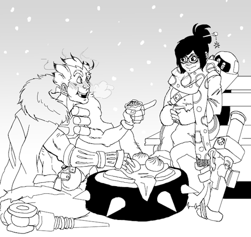sketchedramblings: Doing some warm-up sketches before I start on the final round of commissions. Here’s a super quick and sketchy idea I had of Mei and Junkrat hanging out in Volskaya before a match.  I’ll probably finish it at some point. 