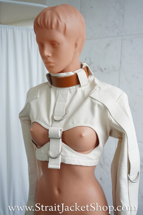  Custom tailored short Straitjacket with open breasts and leather neck collar that we made!If you ne