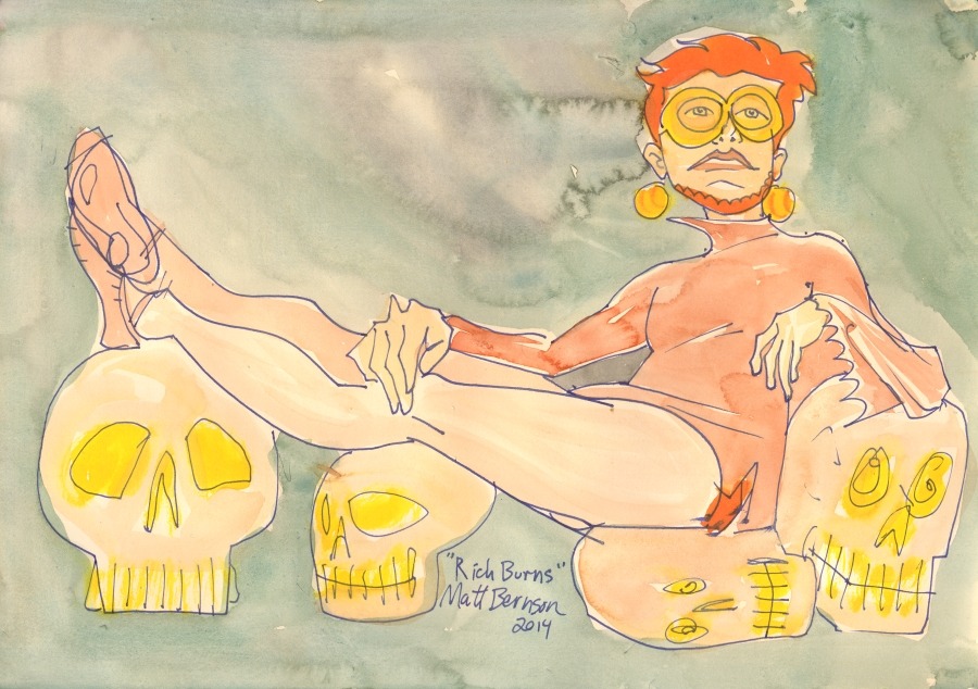 drawings of Rich Burns from Dr. Sketchy&rsquo;s Boston ink &amp; watercolor