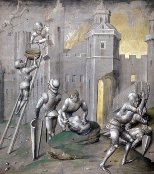 Augustine - De civitate Dei (15th century).Soldiers engaged in various acts of pillage of a city.