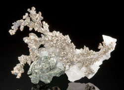 hematitehearts:    Native Silver after Allargentum and Dyscrasite on Calcite   Locality:  Bouismas Mine, Bouismas, Bou Azer District, Tazenakht, Ouarzazate Province, Souss-Massa-Draâ Region, Morocco.   