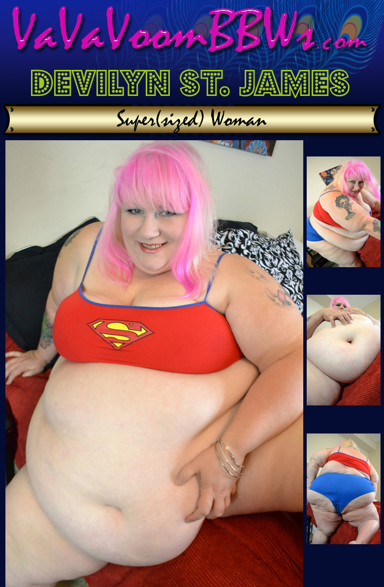   Super-Sized BBW Devilyn St. James looking sexy in her Super Woman/Man lingerie.