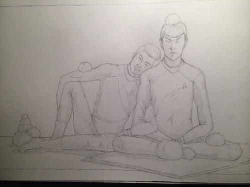 commanderflowers:I imagine Kirk does this all the time. He loves napping by his meditating Vulcan. A