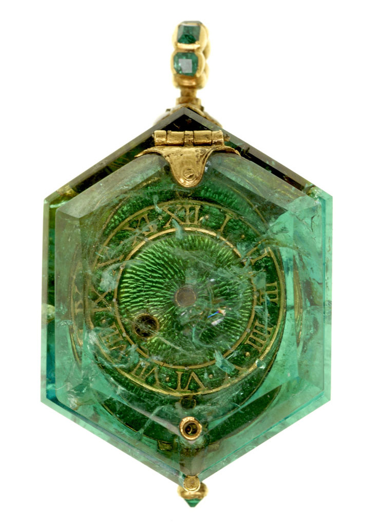 gdfalksen:Watch set into a single Colombian emerald crystal, circa 1600; the watch
