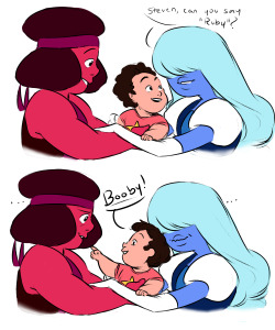 narootos:  anon requested:   Can you draw Ruby and Sapphire with Steven?   thank goodness he doesn’t remember this 