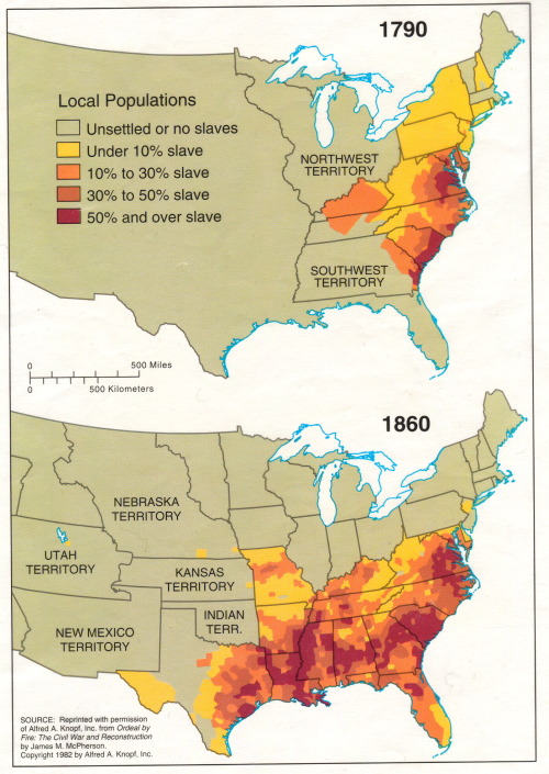 The density of Slaves in the USA between 1790 and 1860