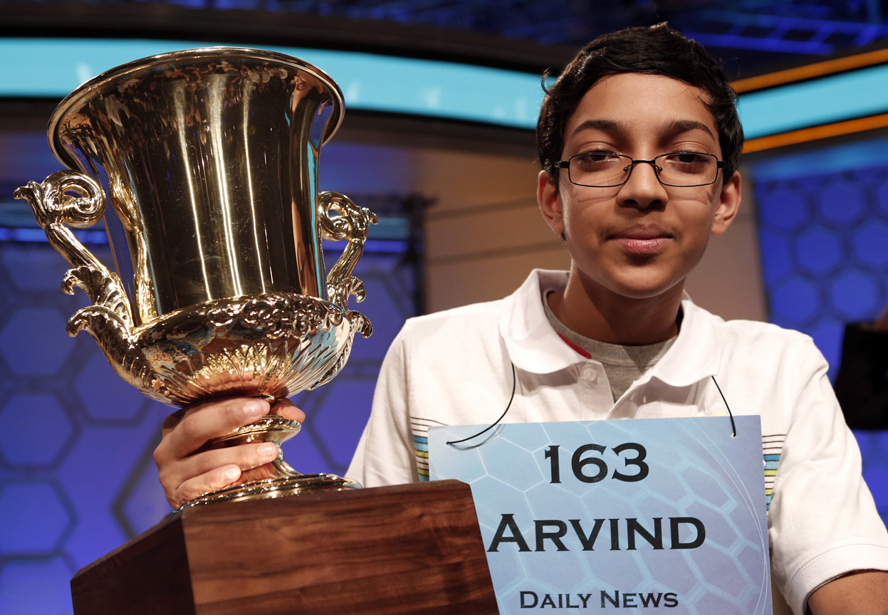 From The 2013 National Spelling Bee, one of 26 photos. Arvind Mahankali of New York holds his trophy after winning the Scripps National Spelling Bee at National Harbor in Maryland, on May 30, 2013. Mahankali, a 13-year-old from Bayside Hills, New...