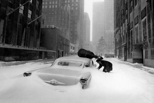 luzfosca:Robert Doisneau. French cellist Maurice Baquet trying to open his snow covered car , New Yo