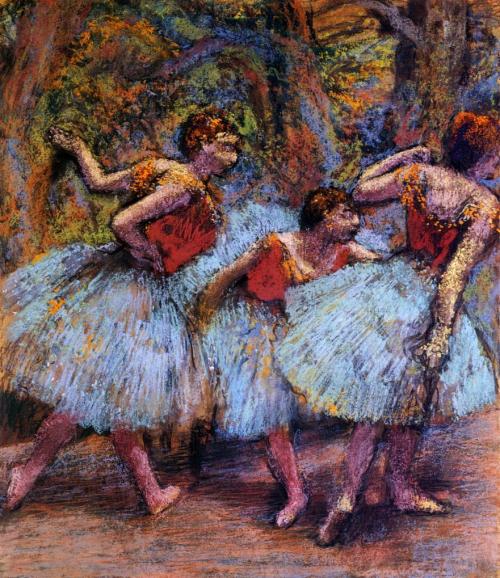 Three Dancers, Blue Skirts, Red Blouses, 1903, Edgar DegasMedium: pastel