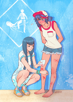 herokick:  Ryuko was so excited to run into the ocean that she didn’t read the warning signs. She ended up being scratched by sharp corals and getting stung by jellyfish found on that part of the beach. (꒦ິ⌑꒦ີ)Her cuts are closing up quickly,