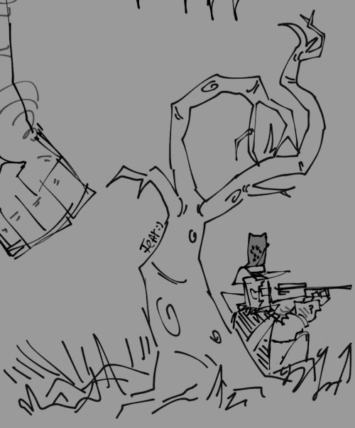 a digital doodle of sniper under a dead tree, lining up a shot with his sniper rifle to shoot an off-screen target. and owl is perched atop his hat