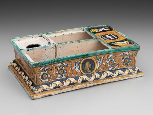 InkstandItalian (probably Faenza), about 1500Tin-glazed earthenware (maiolica), (3 x 8 x 11 in.)The 