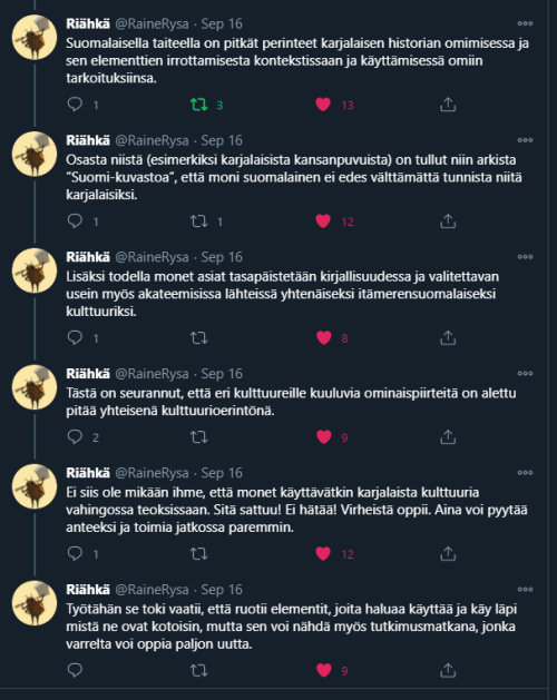 parantajanpolku:[Screenshots of twitter thread made by Riähkä, karelian artist and activis