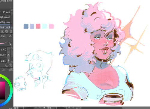 a doodle of the mystery girl from Steven Universe. she's holding a paper cup of coffee. there's a small doodle of pearl watching her in awe next to her