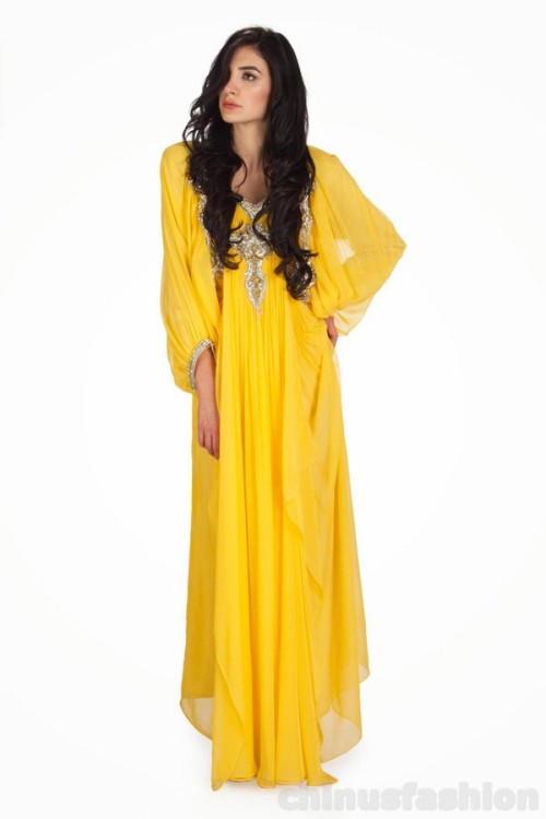 Emma Yellow Chiffon Gown Style Kaftan This Victorian-like couture creation is combined with pure chi