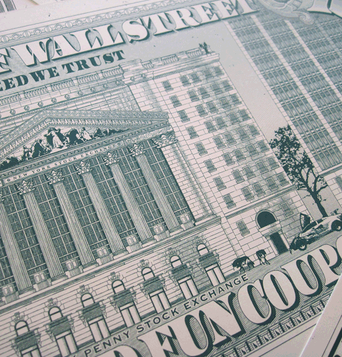 FUN COUPON  24" x 10" 3-color, double-sided screen-print on Speckletone Starch Mint French Paper Numbered edition of 100, $30 Inspired by The Wolf of Wall Street  On sale though Gallery 1988 soon.    For more updates, follow me here:
Twitter |...